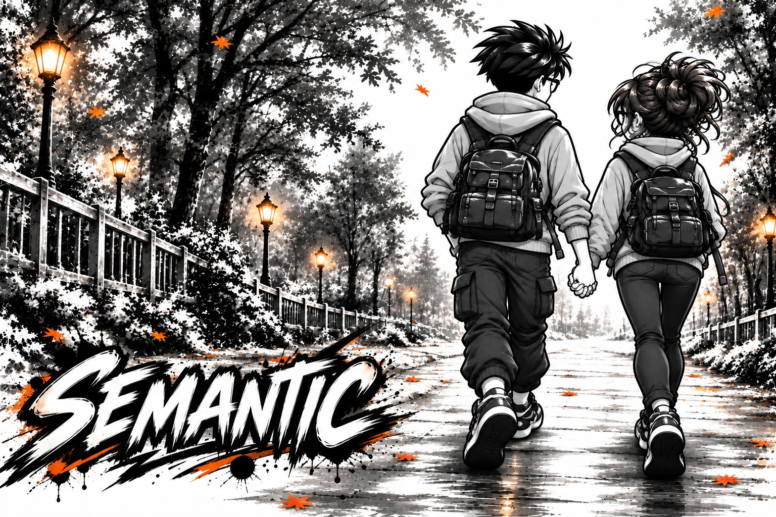 Semantic characters walking together through a noir autumn park