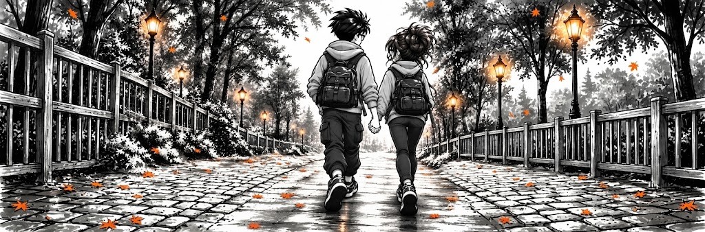 Semantic duo walking away through the park